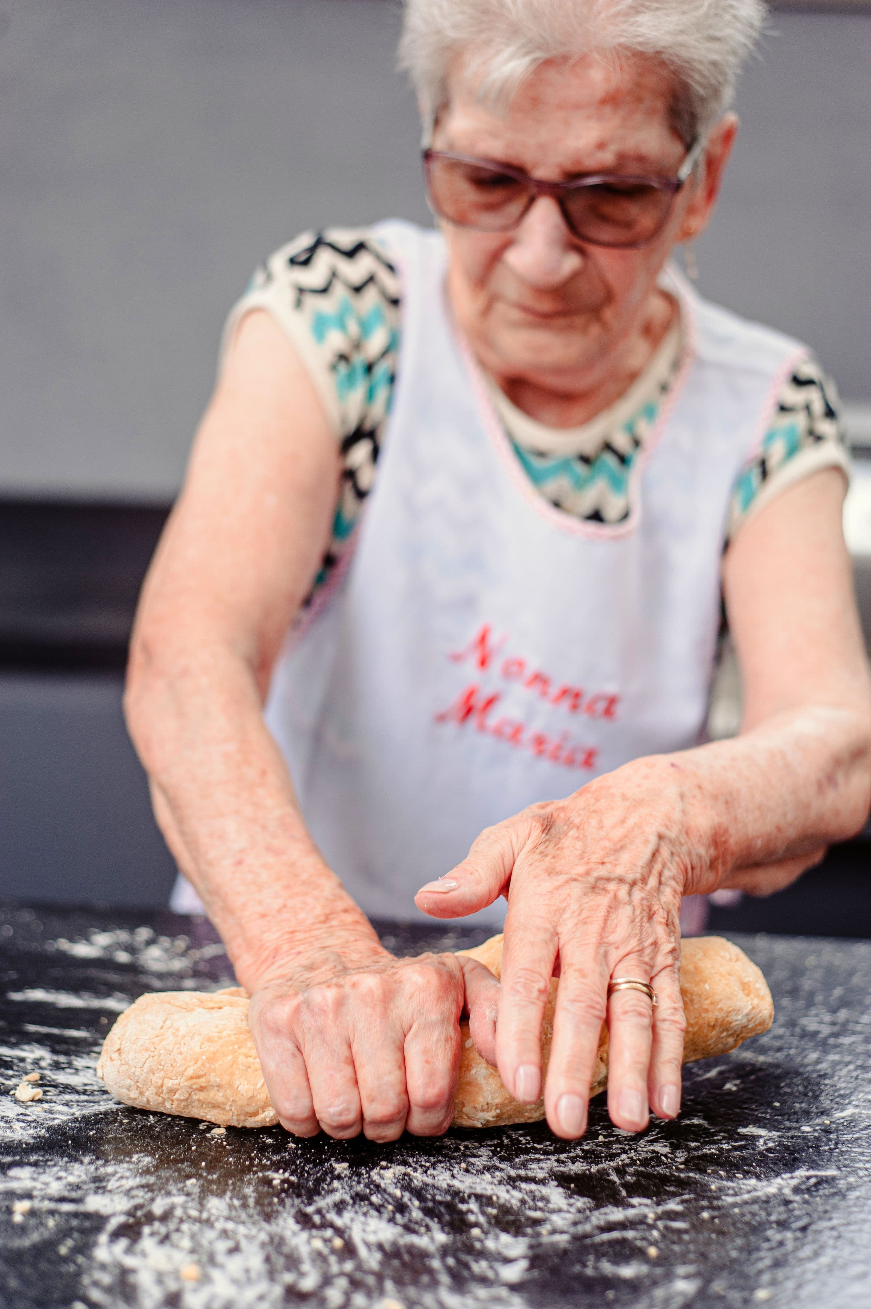 Nonna Maria Caravello kneading dough